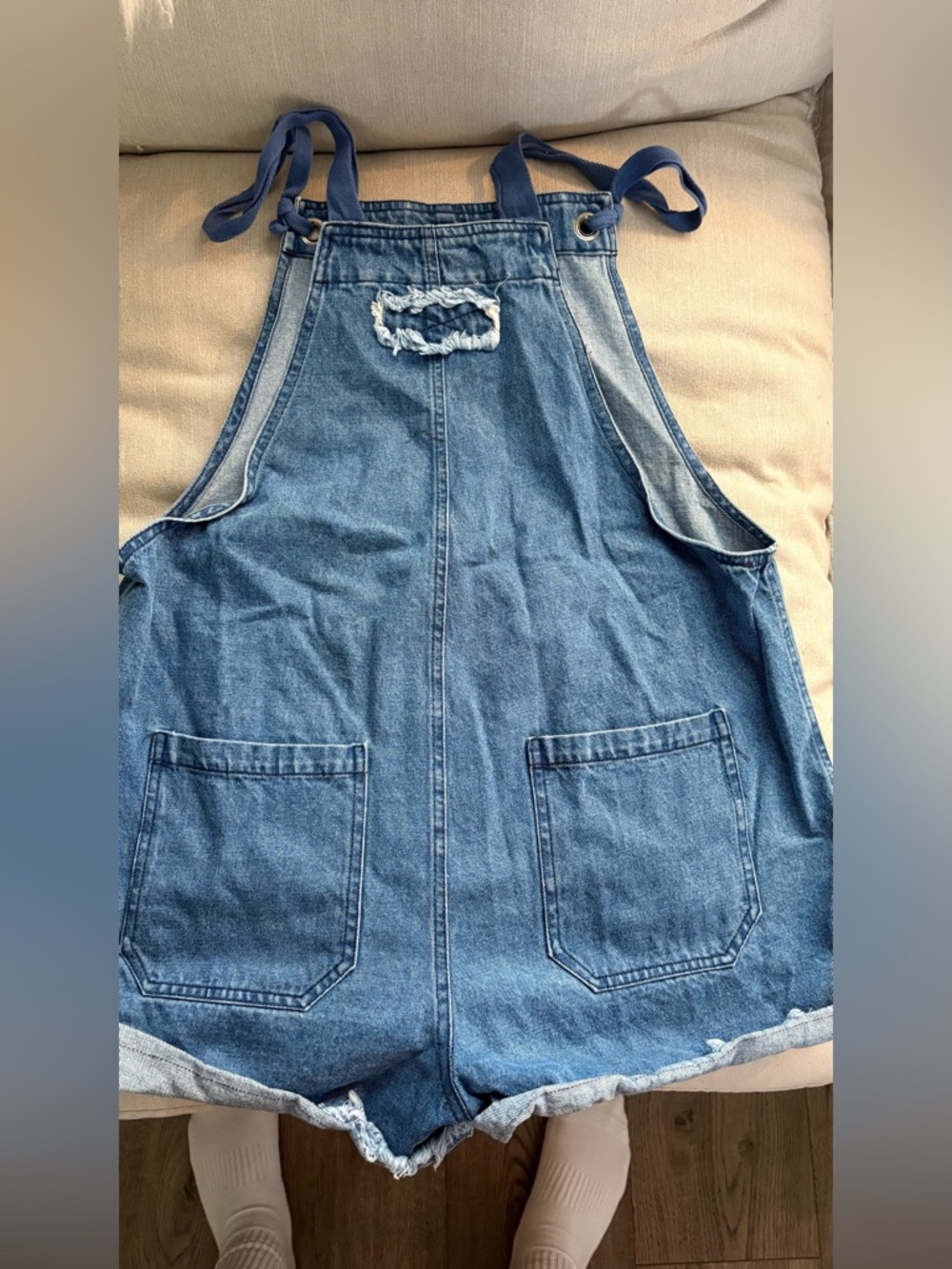 Denim Short Overalls Romper in Medium Blue